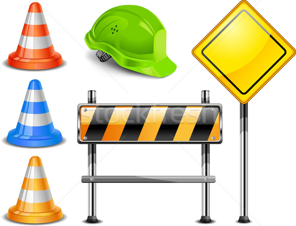 Foto stock: Construção · estrada · aviso · cone · assinar · capacete