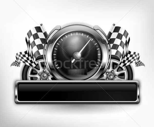 Foto stock: Corrida · emblema · velocímetro · branco · bandeiras