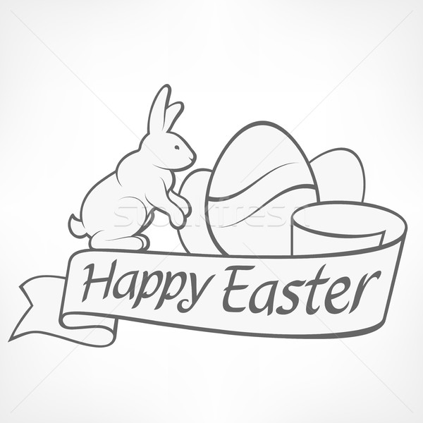 rabbits and egg with ribbon on white, happy easter rabbit bunny