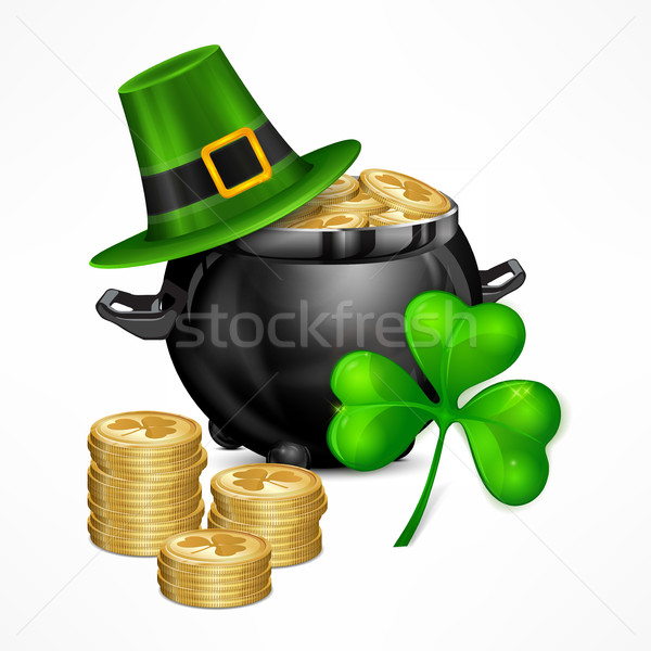 Ziua Sf. Patrick simboluri pălărie trifoi oală monede de aur Imagine de stoc © creatOR76