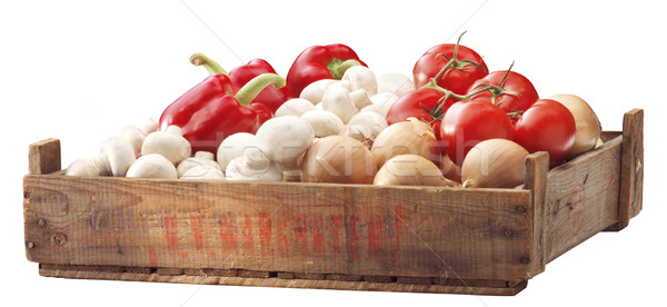 Láda zöldségek fából készült piac gombák harang Stock fotó © crisp