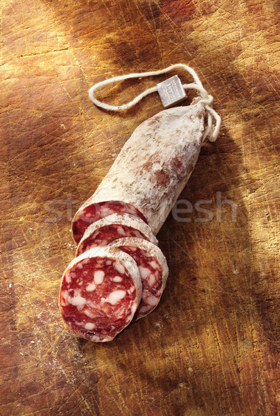 [[stock_photo]]: Salami · authentique · bois · planche · à · découper · italien