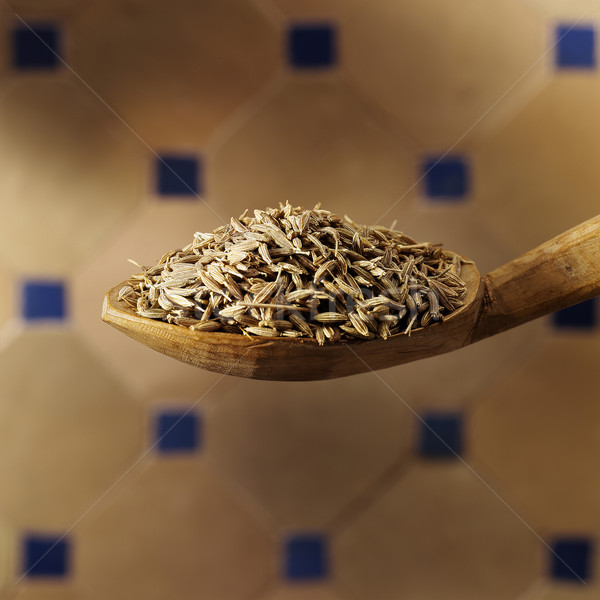 [[stock_photo]]: Cumin · semences · cuillère · alimentaire · bois · macro