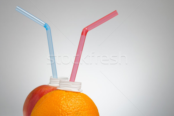 Orange and apple with straw Stock photo © CsDeli