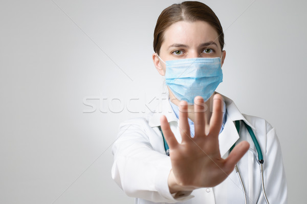 Stock foto: Arzt · Stoppschild · weiblichen · Gesicht · Maske