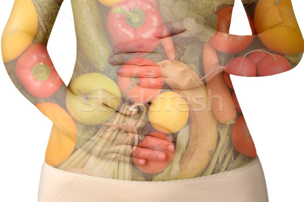 женщины живот плодов овощей изолированный белый Сток-фото © CsDeli