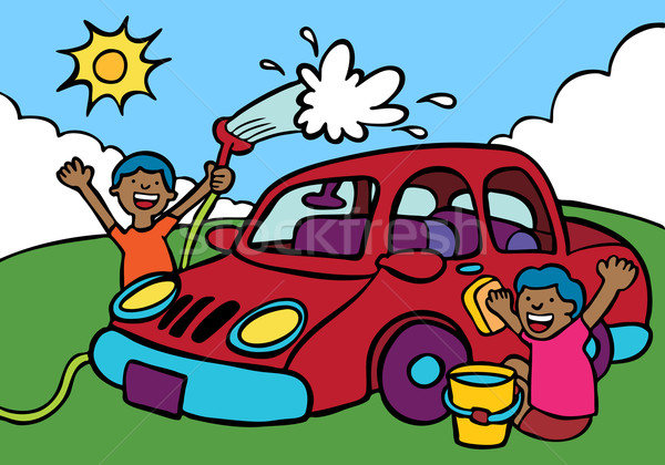 Car wash cartoon afbeelding twee kinderen wassen Stockfoto © cteconsulting