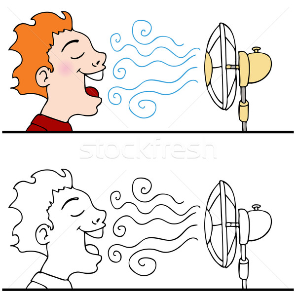Férfi hűtés el elektromos ventillátor kép Stock fotó © cteconsulting