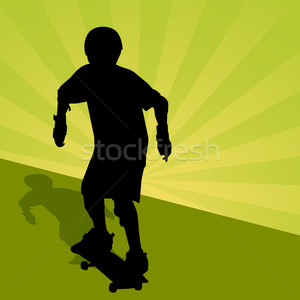 Сток-фото: ребенка · верховая · езда · скейтборде · изображение · фон · зеленый