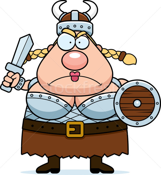 Boos cartoon viking vrouw zwaard helm Stockfoto © cthoman
