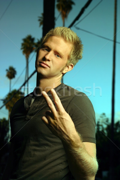 Blond facet ulicy znak ręką niebo świetle Zdjęcia stock © curaphotography