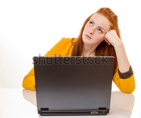 Fiatal nő hangsúlyos számítógép kudarc 100 százalék Stock fotó © Cursedsenses