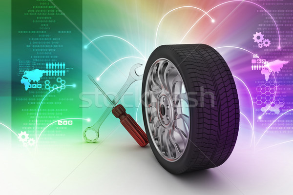 Stock foto: 3D · Reifen · Austausch · Auto · Design · Hintergrund