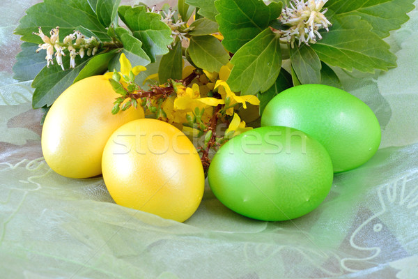 Foto stock: Huevos · de · Pascua · flores · de · primavera · verde · mantel · Pascua · flor