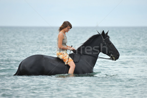 Foto stock: Mujer · caballo · mar · hermosa · negro · mujer · hermosa