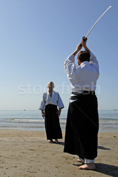 Opleiding aikido strand twee volwassenen man Stockfoto © cynoclub