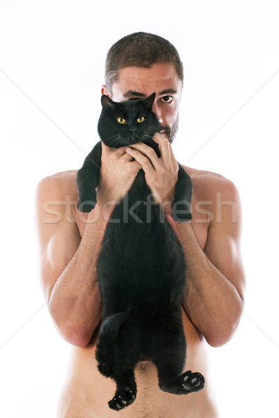 Homem gato preto branco gato preto estúdio Foto stock © cynoclub