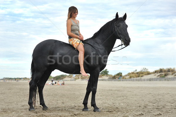Stockfoto: Vrouw · paard · strand · mooie · zwarte · mooie · vrouw