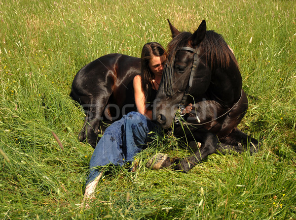 Equitación nina negro semental campo Foto stock © cynoclub