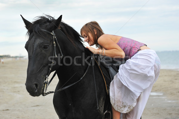 Foto stock: Mujer · caballo · playa · hermosa · negro · mujer · hermosa
