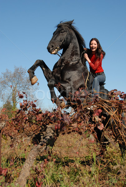 [[stock_photo]]: étalon · fille · heureuse · noir · heureux · jeune · fille · automne