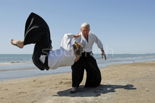 Aikido dois adultos treinamento praia homem Foto stock © cynoclub