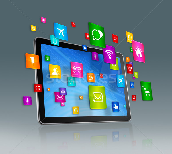 Stock fotó: Digitális · tabletta · repülés · appok · ikonok · 3D