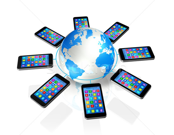 Smartphones Around World Globe, Global Communication Stock photo © daboost