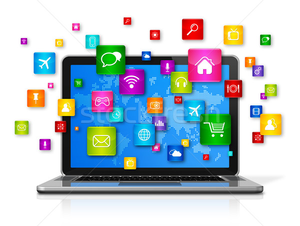 Stockfoto: Laptop · computer · vliegen · apps · iconen · 3D · geïsoleerd