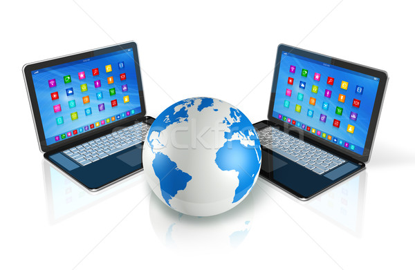 Foto stock: Laptop · informática · em · torno · de · mundo · globo · 3D