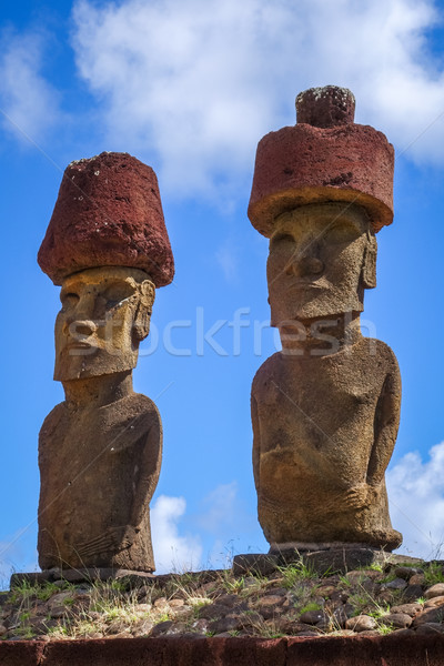 Moais statues site ahu Nao Nao on anakena beach, easter island Stock photo © daboost