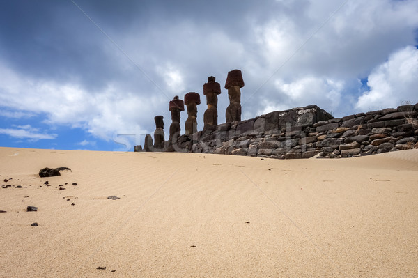 Moais statues site ahu Nao Nao on anakena beach, easter island Stock photo © daboost