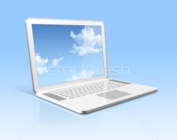 Zdjęcia stock: Biały · laptop · niebo · ekranu · odizolowany · niebieski
