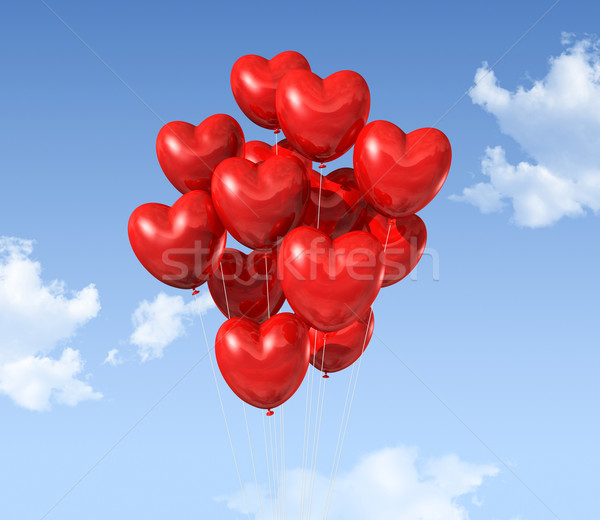 Stock fotó: Piros · szív · alakú · léggömbök · lebeg · égbolt