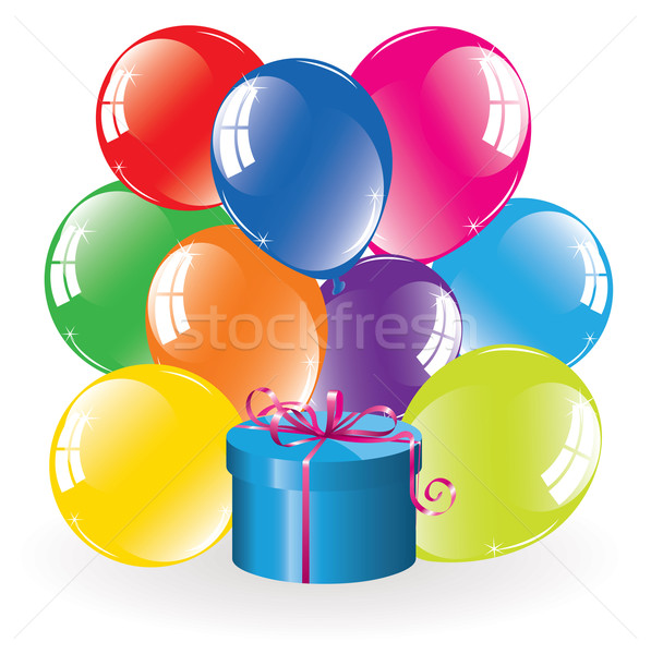Foto stock: Vetor · monte · colorido · balões · caixa · de · presente · feliz
