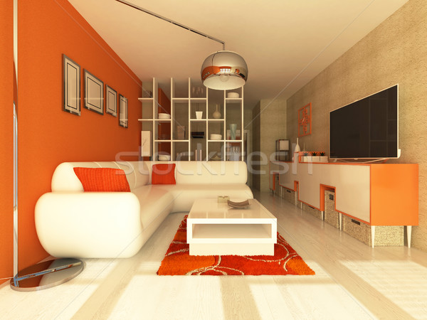 3d · render · nappali · narancs · falak · fehér · bútor stock ...