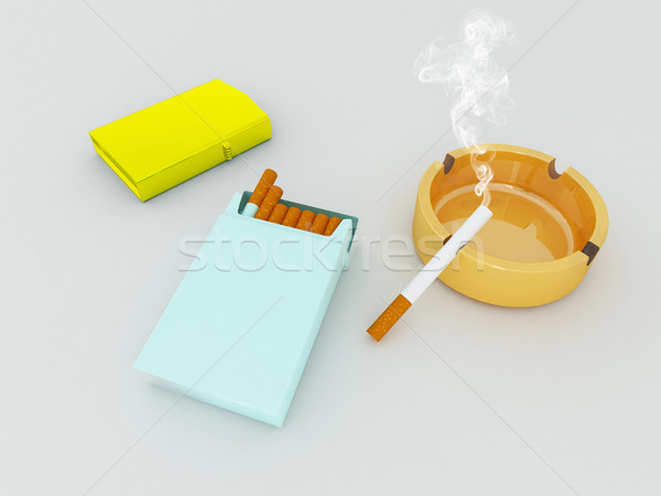 3D render of a blue pack of cigarettes, golden lighter and orange ashtray on white background Stock photo © danilo_vuletic