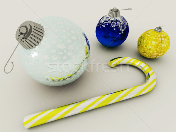 3D render of blue and gold holiday decoration baubles with glass candy cane on white background Stock photo © danilo_vuletic