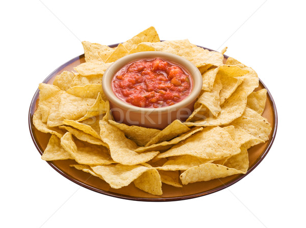 Stock foto: Chips · Sauce · isoliert · weiß · Platte