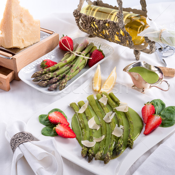 Foto stock: Espárragos · verde · salsa · salud · cena · placa