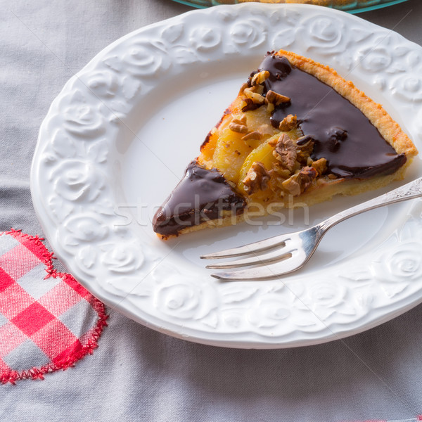 Birnen Schokolade Torte Kuchen Frühstück weiß Stock foto © Dar1930