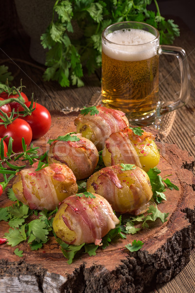 Stock foto: Gebacken · Kartoffeln · Schinken · grünen · Abendessen · Platte