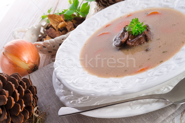 Pedra cogumelo sopa comida madeira campo Foto stock © Dar1930