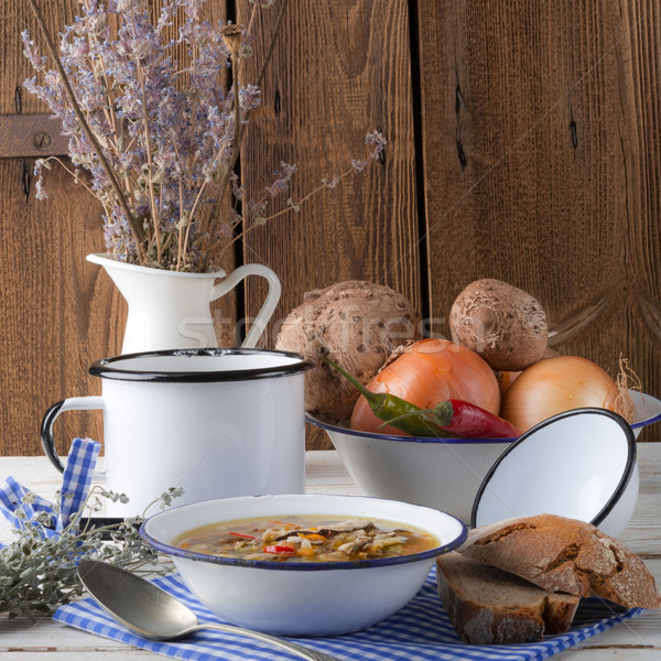 Vejetaryen güneş şemsiyesi mantar çorba restoran ekmek Stok fotoğraf © Dar1930