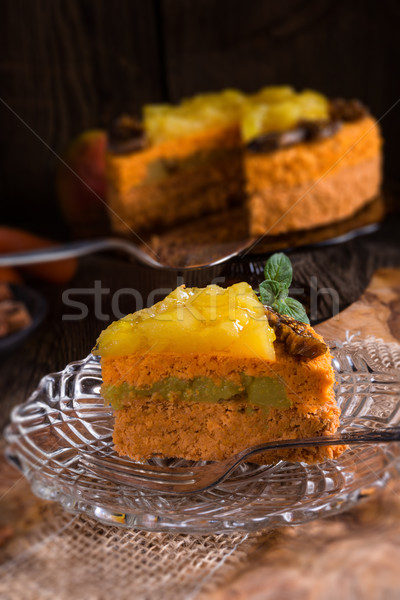 [[stock_photo]]: Vegan · gâteau · aux · carottes · anniversaire · fruits · blanche · dessert