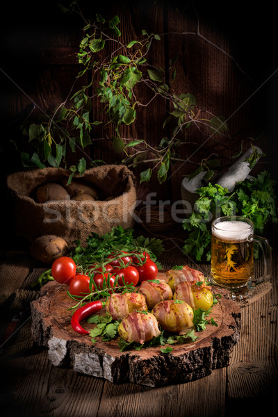 Stock foto: Gebacken · Kartoffeln · Schinken · Essen · grünen · Abendessen