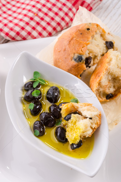 Stock foto: Antipasti · Oliven · Holz · grünen · Brot · schwarz