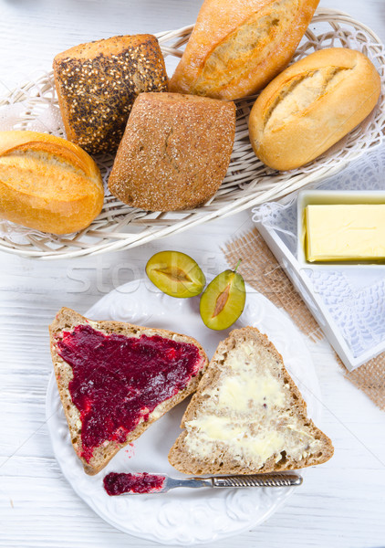 Foto stock: Café · da · manhã · ameixa · congestionamento · madeira · fruto · cozinha