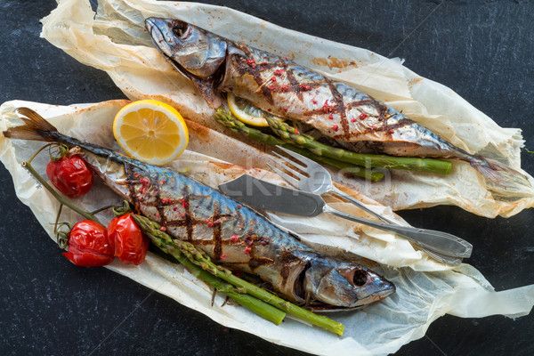 Grilled mackerel with asparagus Stock photo © Dar1930