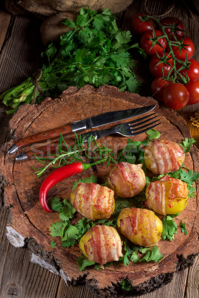 Stock foto: Gebacken · Kartoffeln · Schinken · grünen · Abendessen · Platte